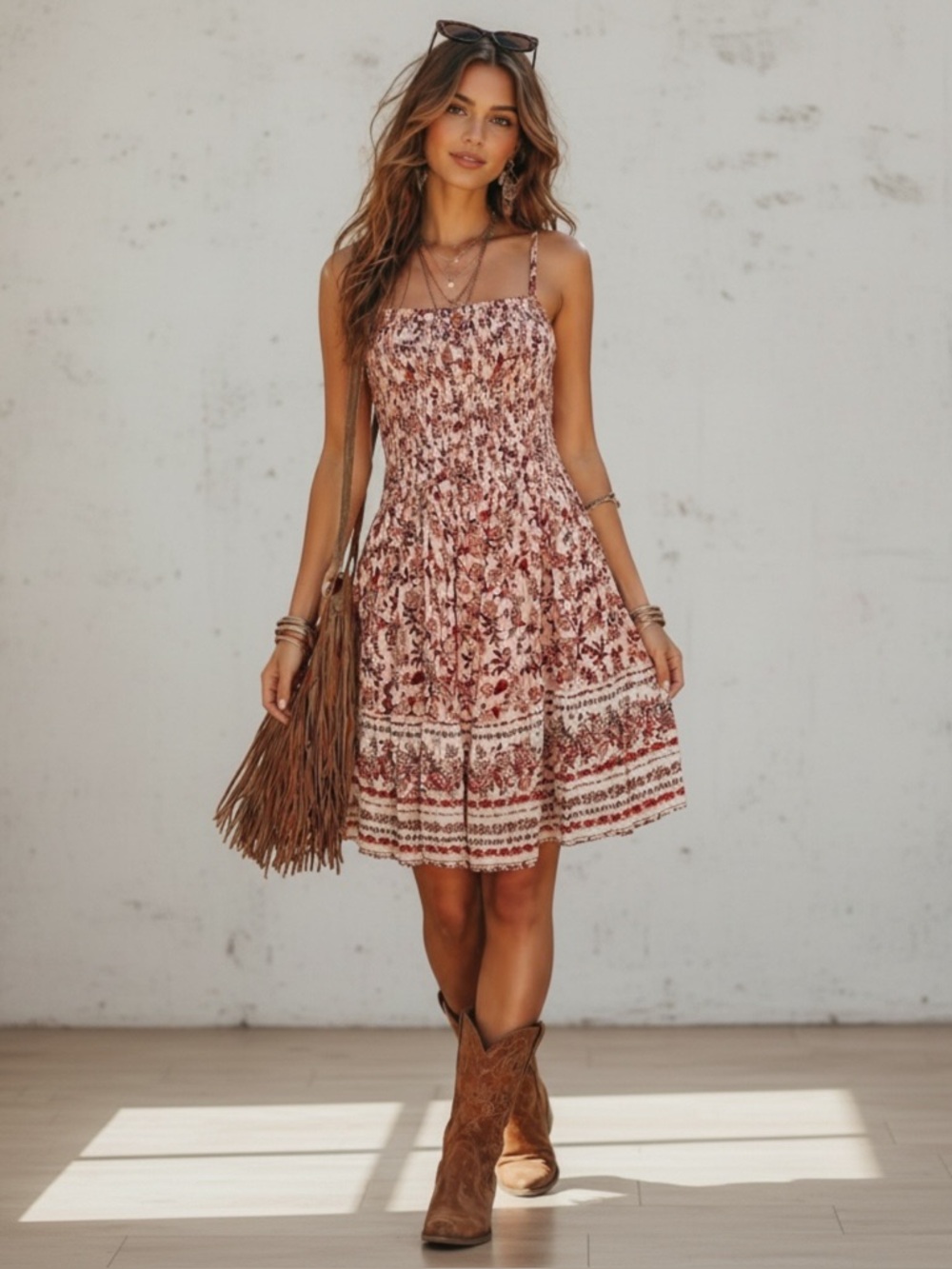 Vintage Angie Womens Cream Red Floral Print Smocked Mini Sun Dress Size L